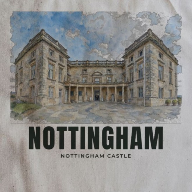 Close-up of the Nottingham Castle drawing and lettering printed on natural cotton