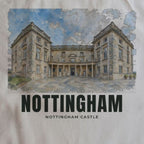 Close-up of the Nottingham Castle drawing and lettering printed on natural cotton