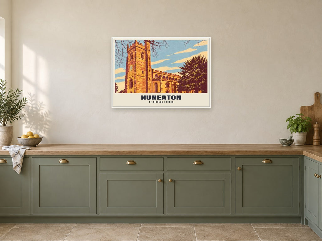 St Nicolas Church, Nuneaton Poster at A1, in a white frame, in a kitchen