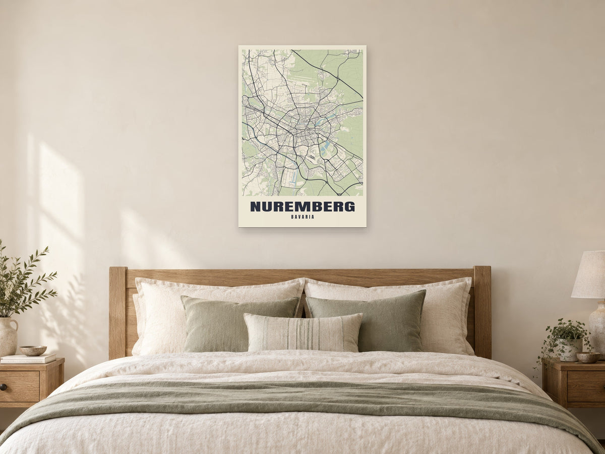 Nuremberg Street Map Poster at A1, as a poster, above a bed