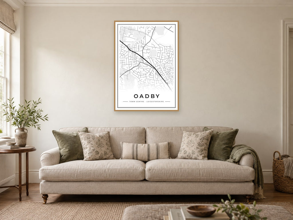 Oadby Town Centre Street Map Poster at A1, in a natural wood frame, in a sitting room