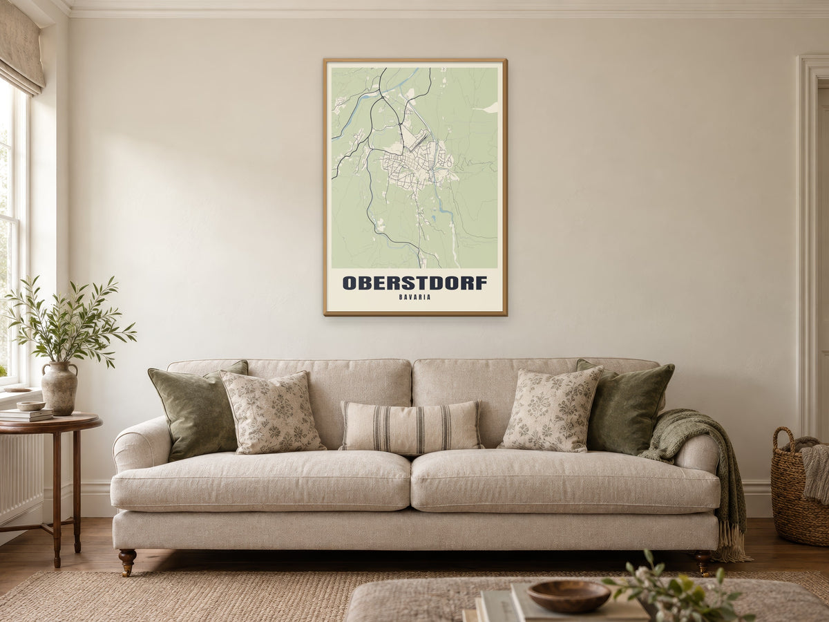 Oberstdorf Street Map Poster at A1, in a natural wood frame, in a sitting room
