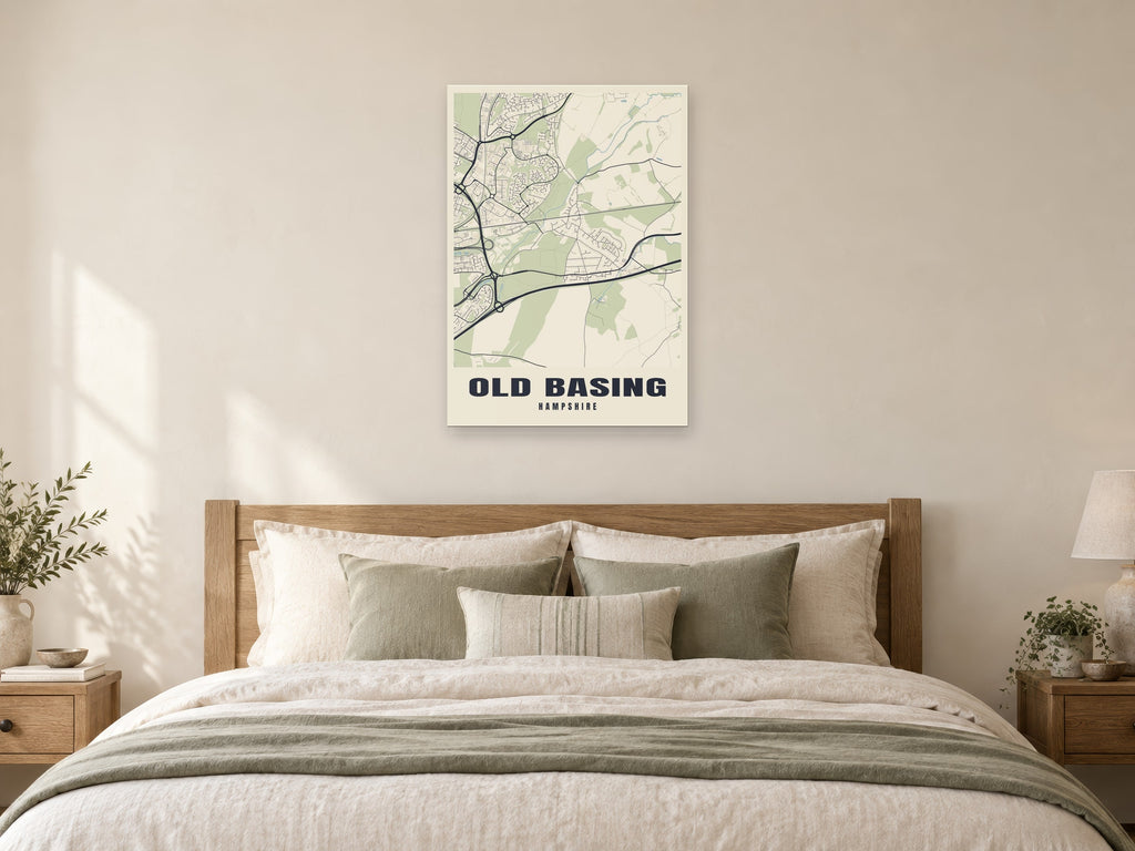 Old Basing Street Map Poster at A1, as a poster, above a bed