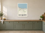 Old Colwyn Street Map Poster at A1, in a white frame, in a kitchen