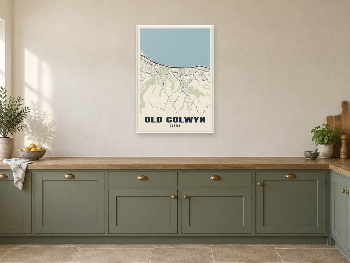 Old Colwyn Street Map Poster at A1, in a white frame, in a kitchen