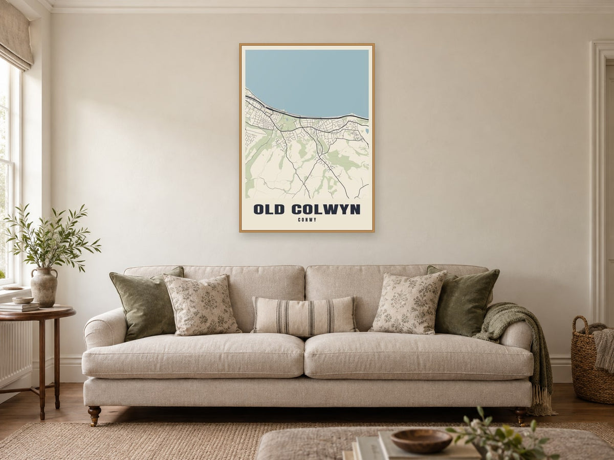 Old Colwyn Street Map Poster at A1, in a natural wood frame, in a sitting room