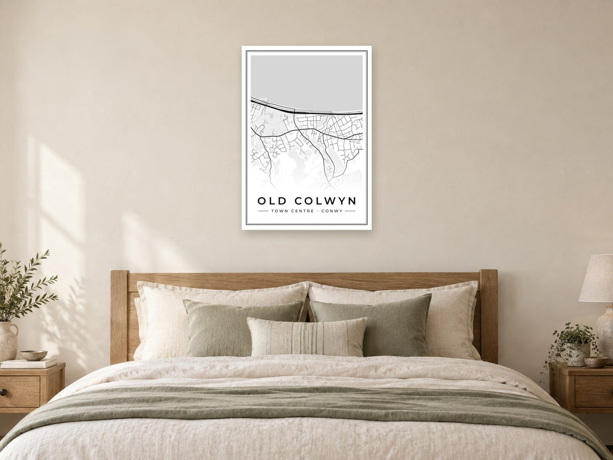 Old Colwyn Town Centre Street Map Poster at A1, as a poster, above a bed