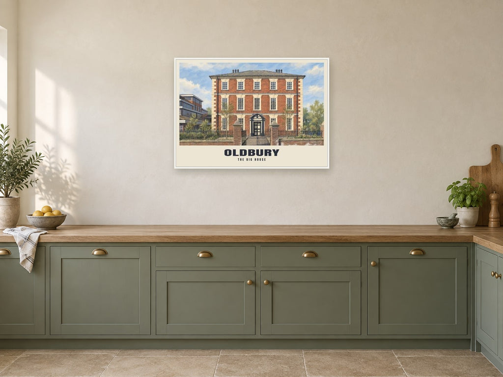 The Big House, Oldbury Poster at A1, in a white frame, in a kitchen