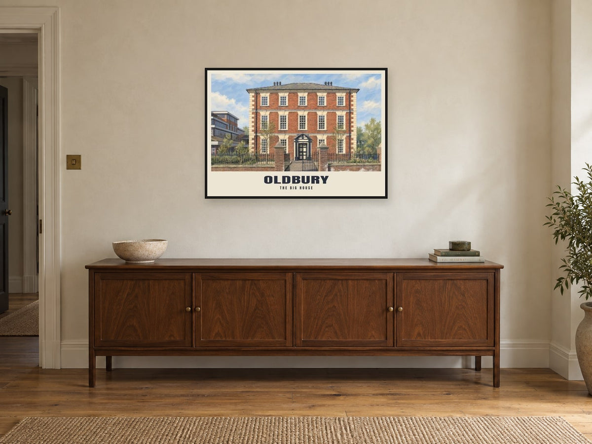 The Big House, Oldbury Poster at A1, in a black frame, above a sideboard