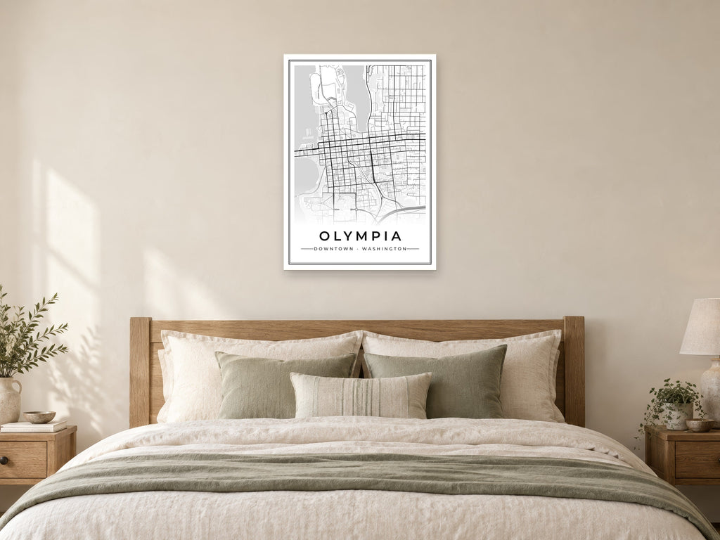 Olympia Downtown Street Map Poster at A1, as a poster, above a bed