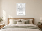 Olympia Downtown Street Map Poster at A1, as a poster, above a bed
