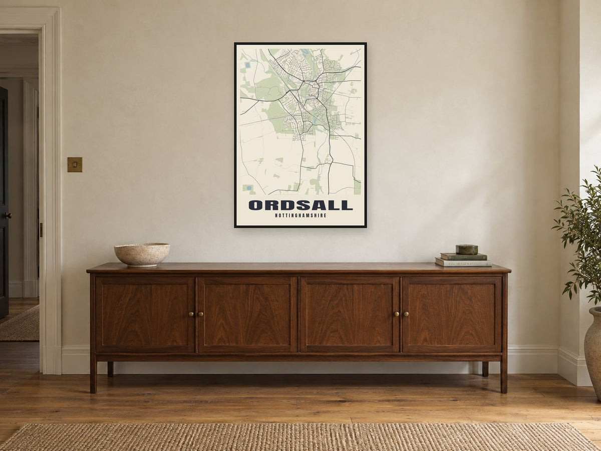 Ordsall Street Map Poster at A1, in a black frame, above a sideboard