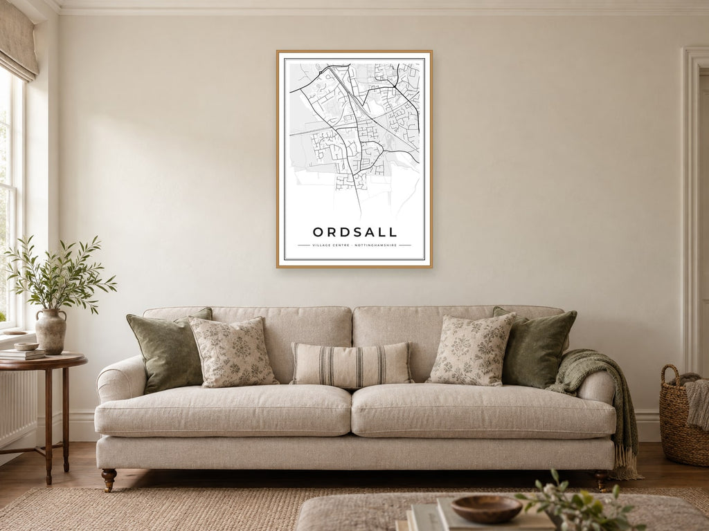 Ordsall Village Centre Street Map Poster at A1, in a natural wood frame, in a sitting room