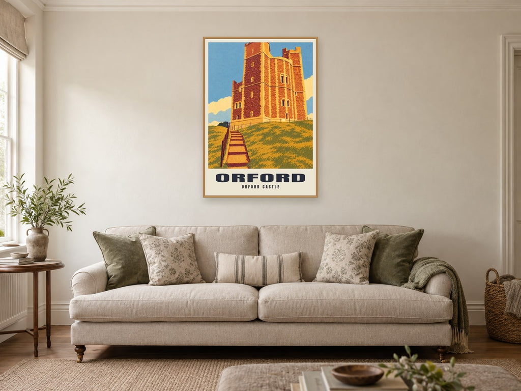 Orford Castle Poster at A1, in a natural wood frame, in a sitting room