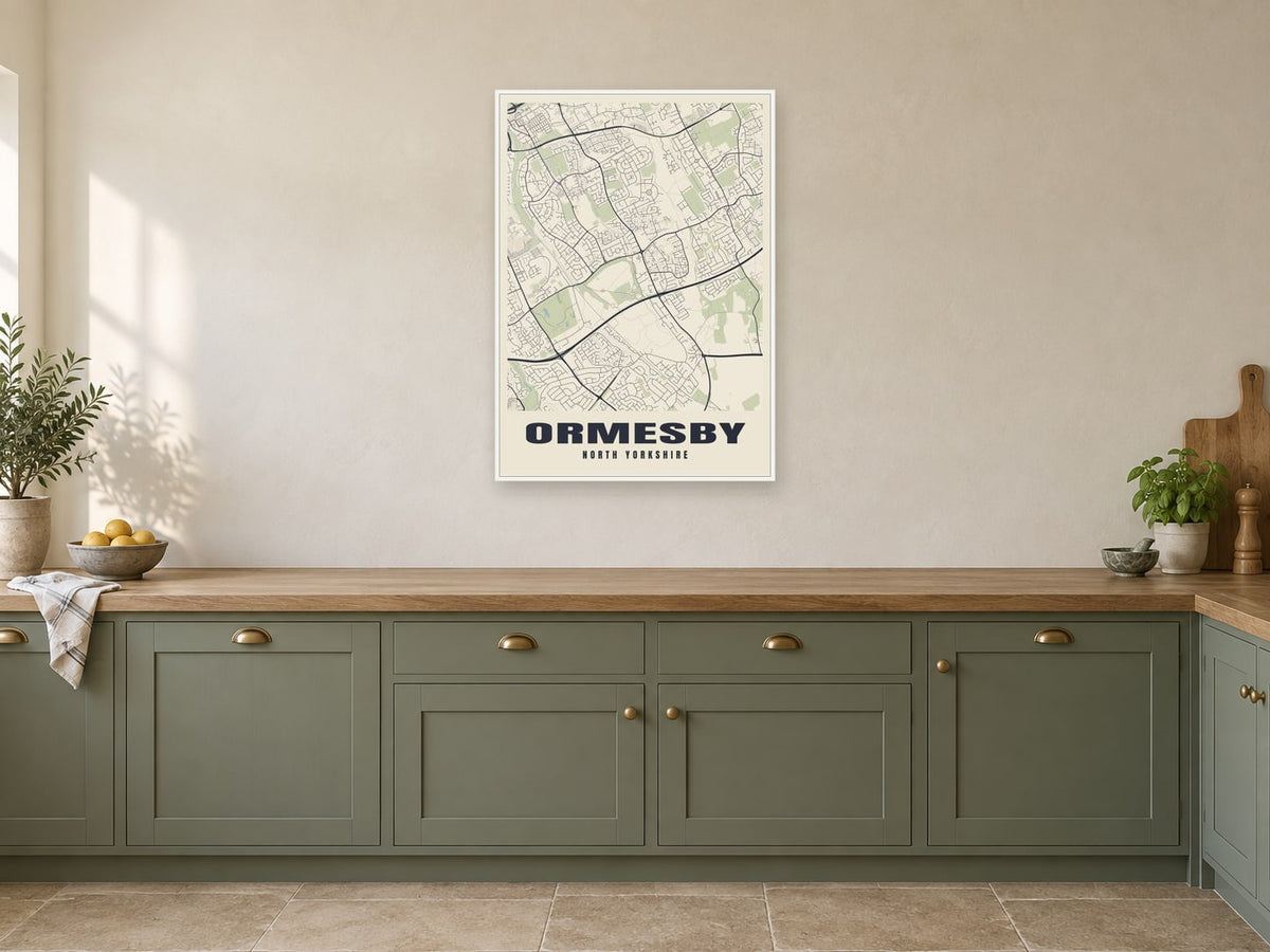 Ormesby Street Map Poster at A1, in a white frame, in a kitchen