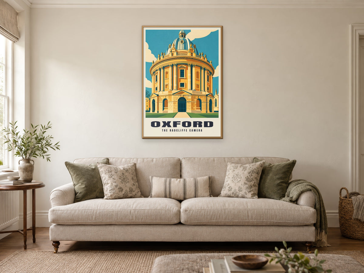 The Radcliffe Camera, Oxford Poster at A1, in a natural wood frame, in a sitting room