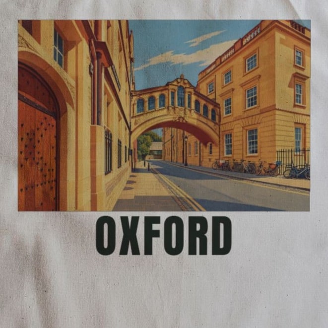 Close-up of the Oxford drawing and lettering printed on natural cotton