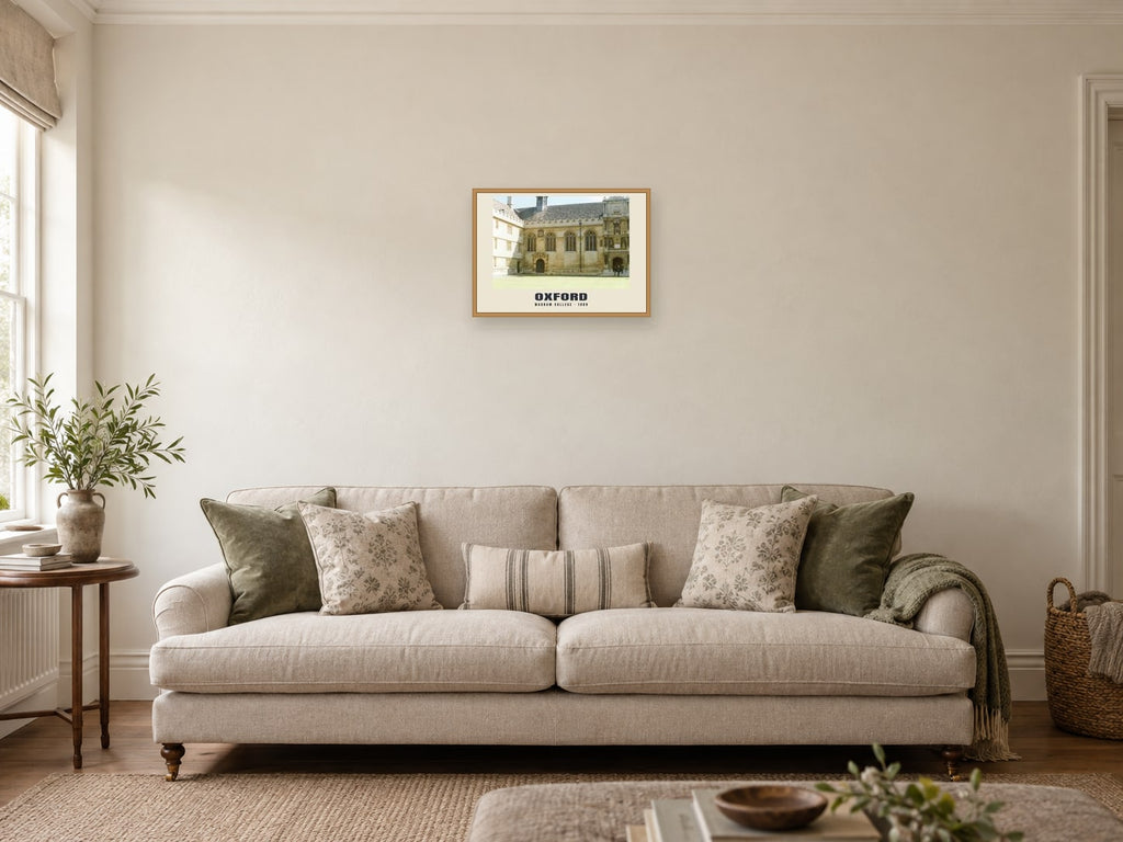 Wadham College, Oxford, 1989 Heritage Print at A3, in a natural wood frame, in a sitting room