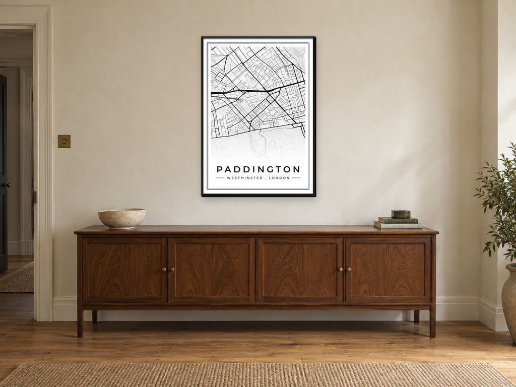 Paddington Street Map Poster at A1, in a black frame, above a sideboard