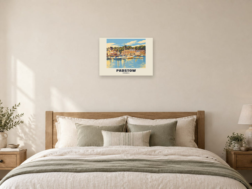 Padstow named Retro Railway print at A2, as a poster, above a bed