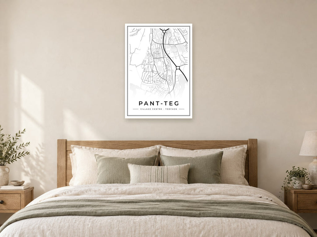 Pant-teg Village Centre Street Map Poster at A1, as a poster, above a bed