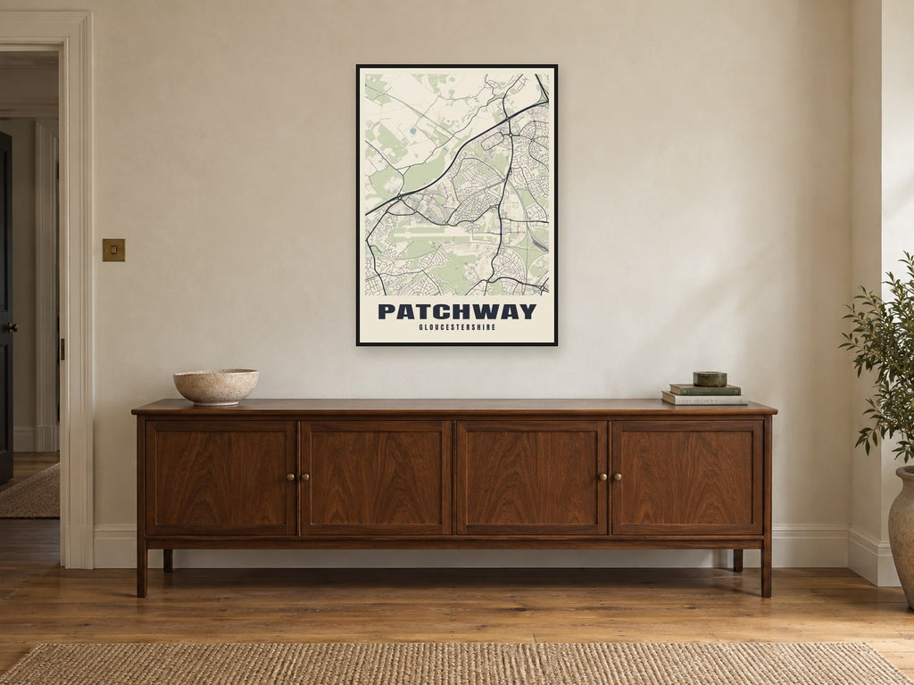 Patchway Street Map Poster at A1, in a black frame, above a sideboard