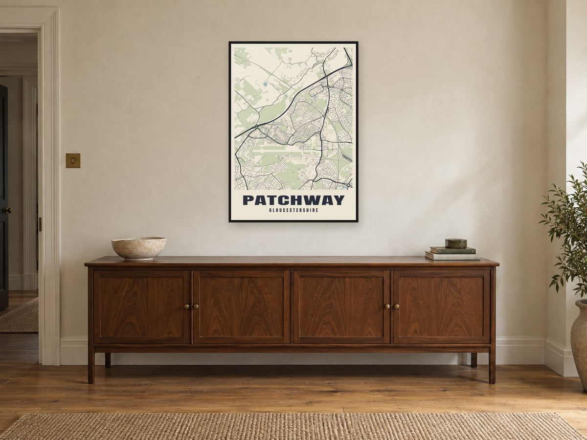 Patchway Street Map Poster at A1, in a black frame, above a sideboard