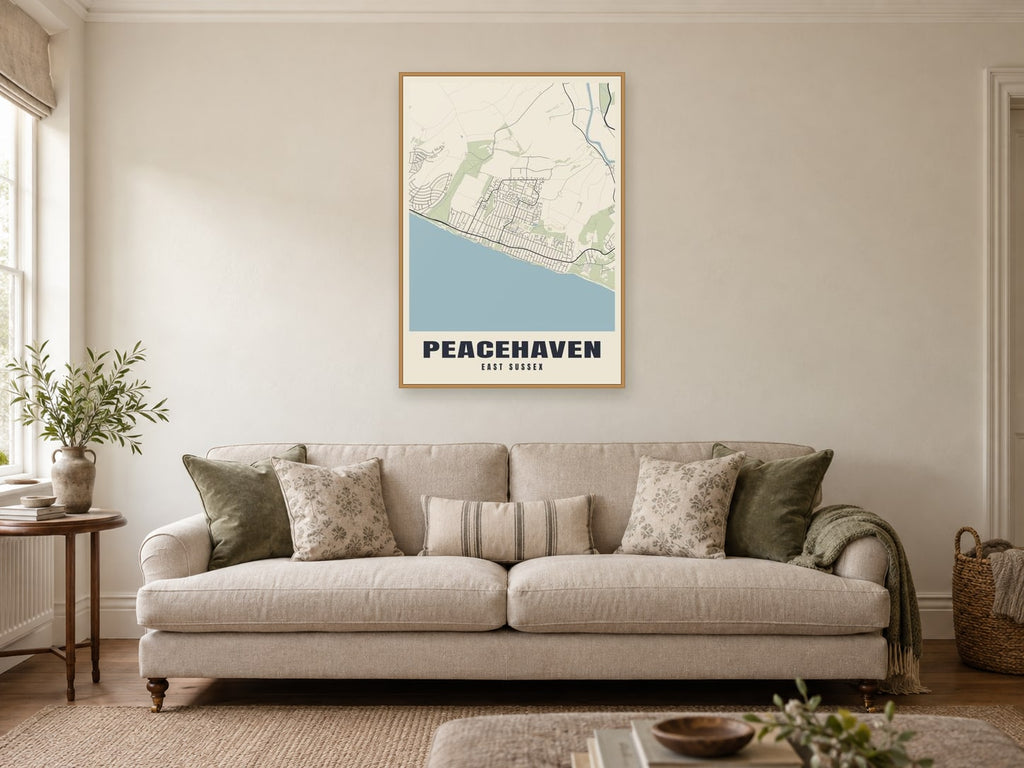 Peacehaven Street Map Poster at A1, in a natural wood frame, in a sitting room