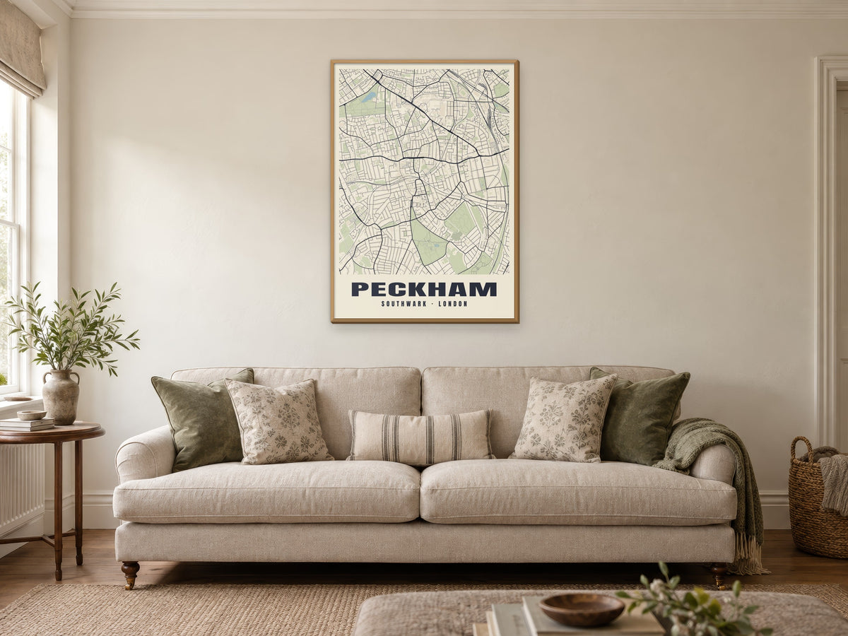 Peckham Heritage Street Map Poster at A1, in a natural wood frame, in a sitting room