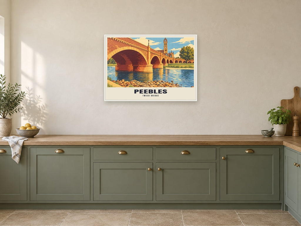 Tweed Bridge, Peebles Poster at A1, in a white frame, in a kitchen
