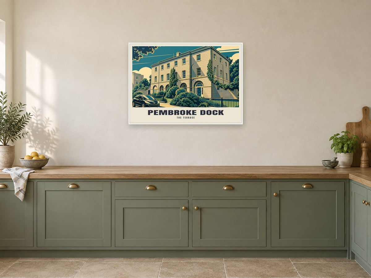 The Terrace, Pembroke Dock Poster at A1, in a white frame, in a kitchen