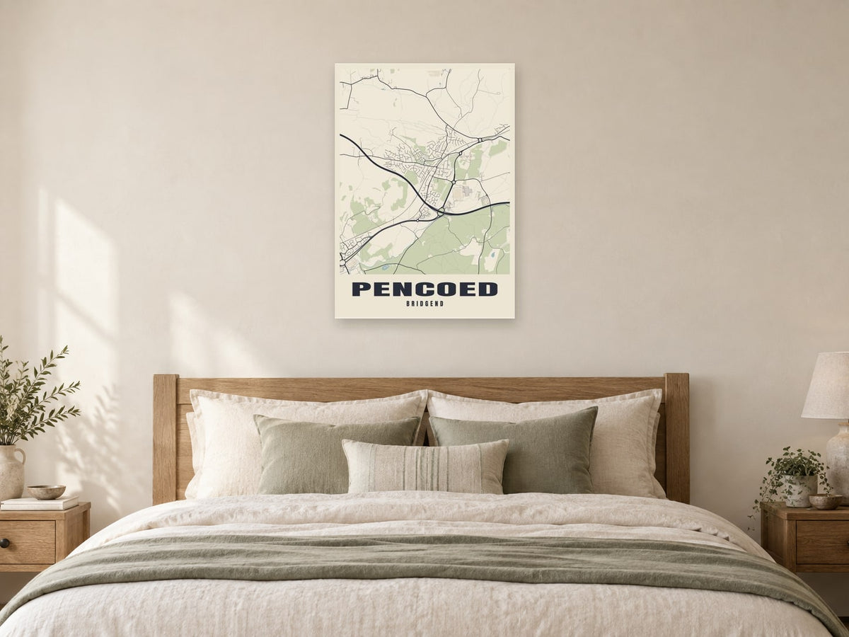 Pencoed Street Map Poster at A1, as a poster, above a bed