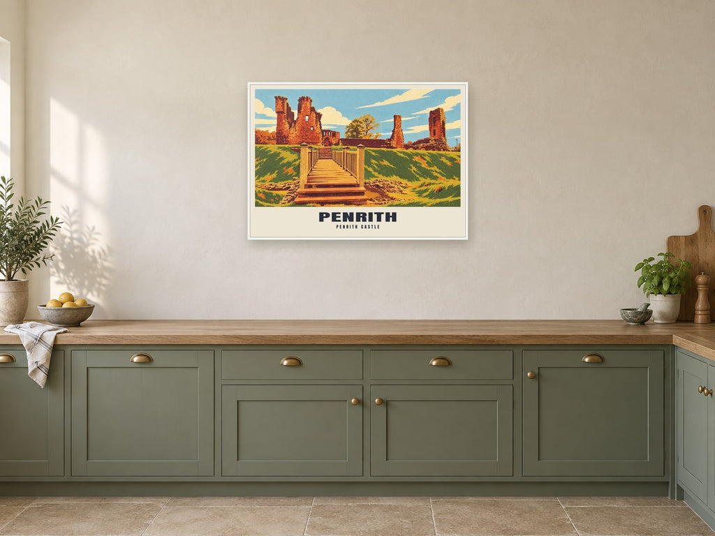 Penrith Castle Poster at A1, in a white frame, in a kitchen