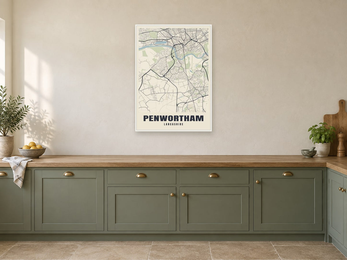 Penwortham Street Map Poster at A1, in a white frame, in a kitchen