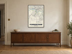 Penwortham Street Map Poster at A1, in a black frame, above a sideboard