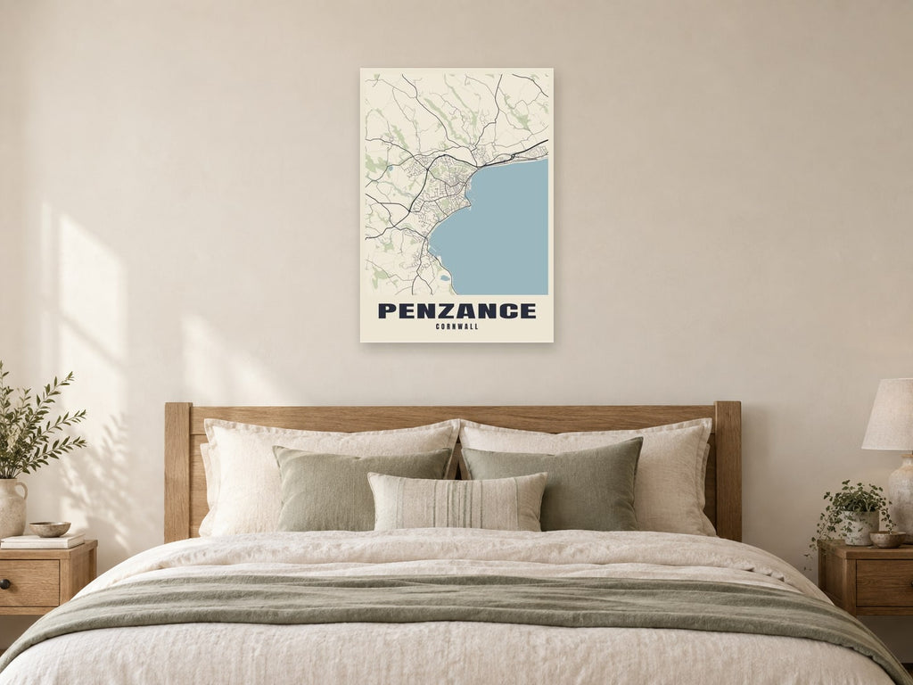 Penzance Street Map Poster at A1, as a poster, above a bed