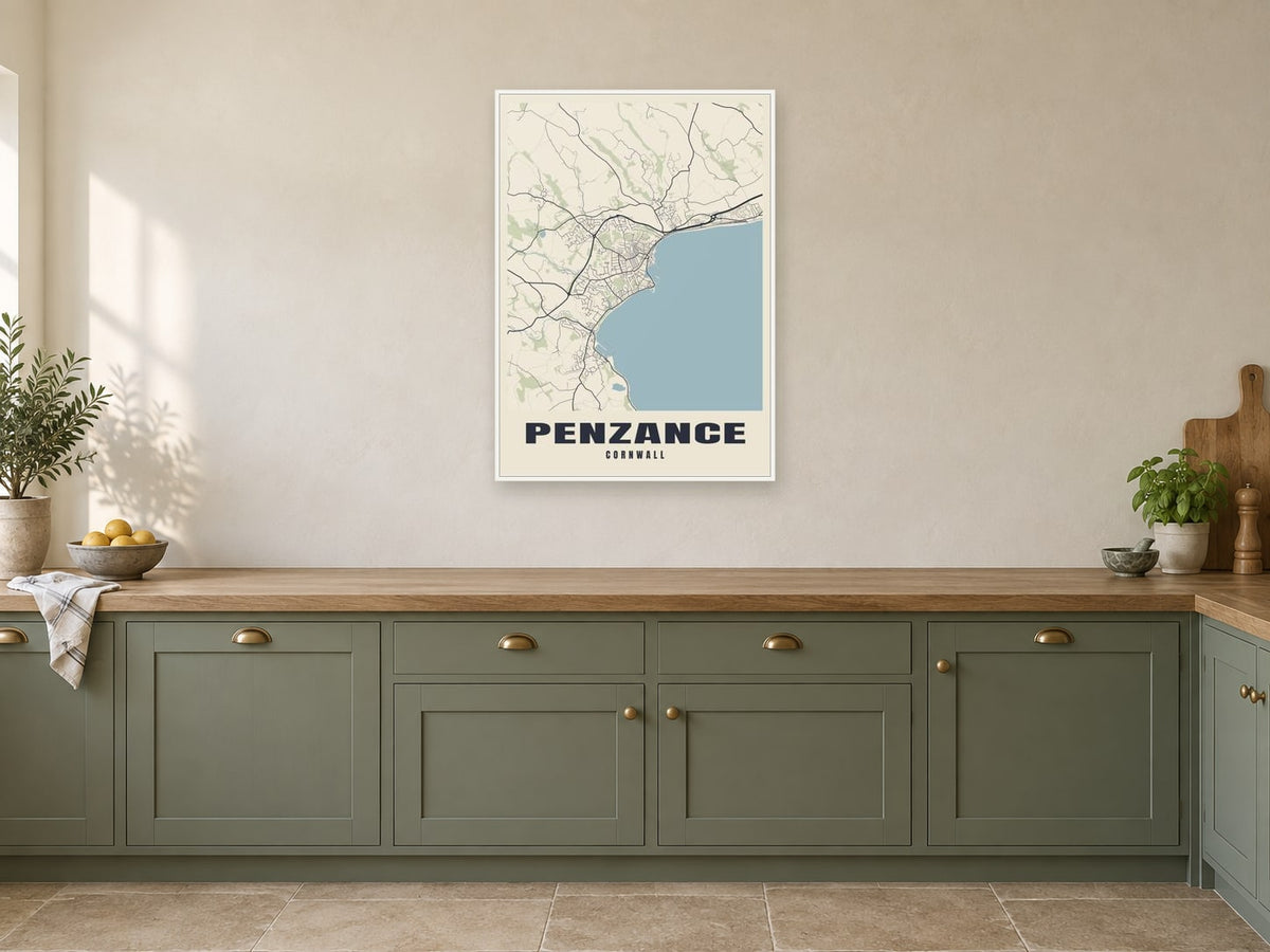 Penzance Street Map Poster at A1, in a white frame, in a kitchen