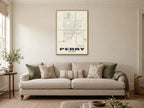 Perry Street Map Poster at A1, in a natural wood frame, in a sitting room