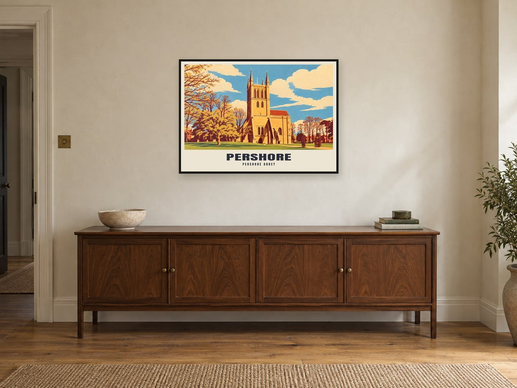 Pershore Abbey Poster at A1, in a black frame, above a sideboard
