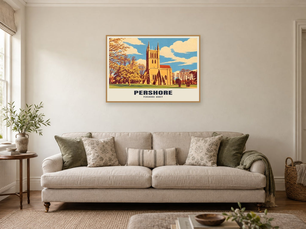 Pershore Abbey Poster at A1, in a natural wood frame, in a sitting room