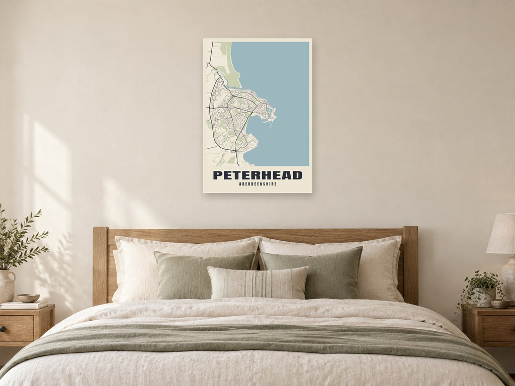 Peterhead Street Map Poster at A1, as a poster, above a bed