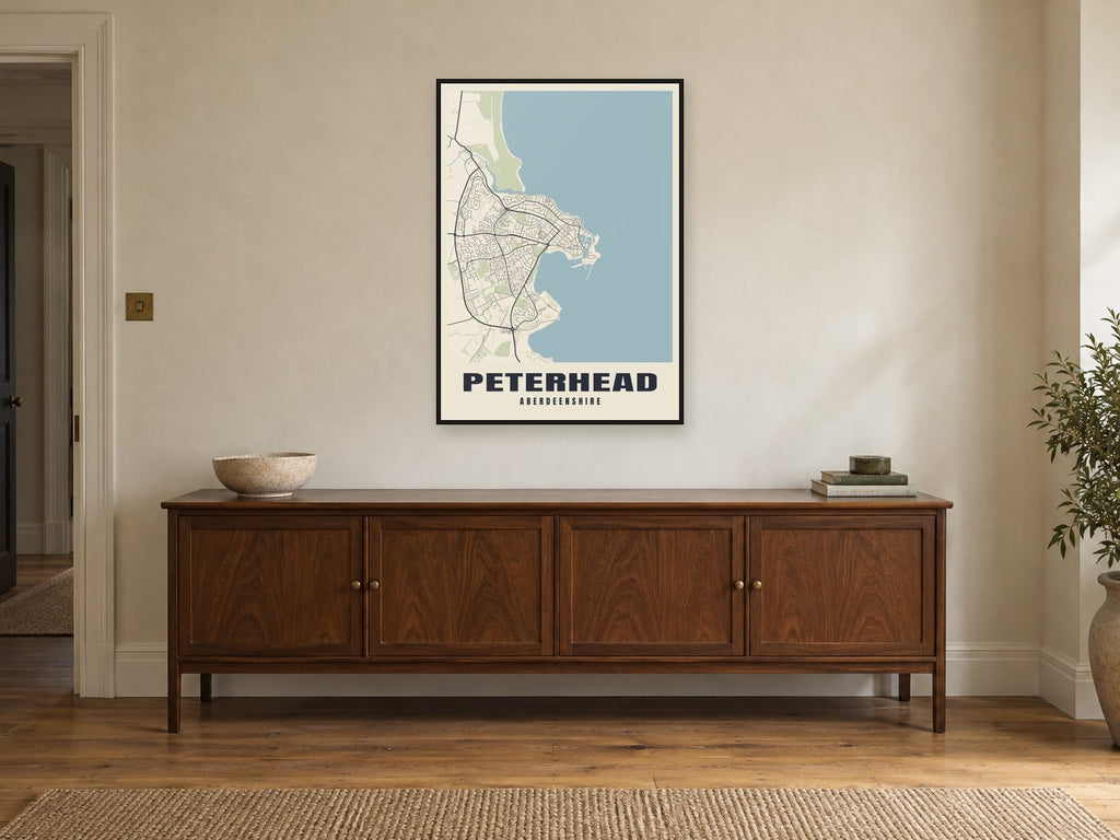 Peterhead Street Map Poster at A1, in a black frame, above a sideboard