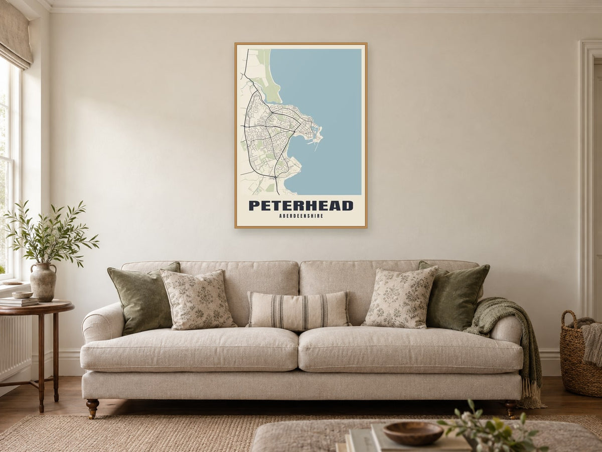 Peterhead Street Map Poster at A1, in a natural wood frame, in a sitting room