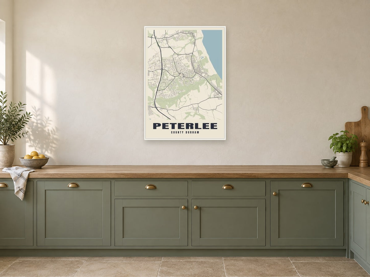 Peterlee Street Map Poster at A1, in a white frame, in a kitchen