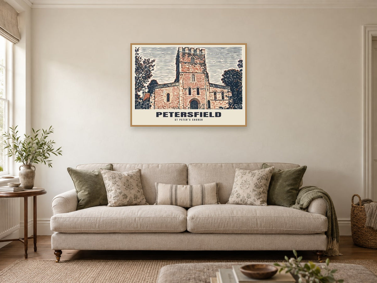 St Peter’s Church, Petersfield Poster at A1, in a natural wood frame, in a sitting room