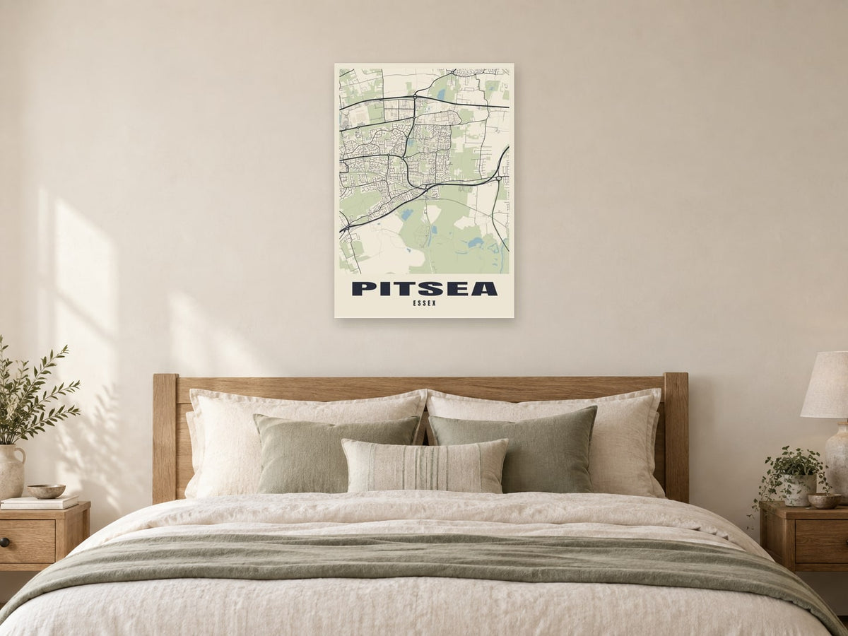 Pitsea Street Map Poster at A1, as a poster, above a bed