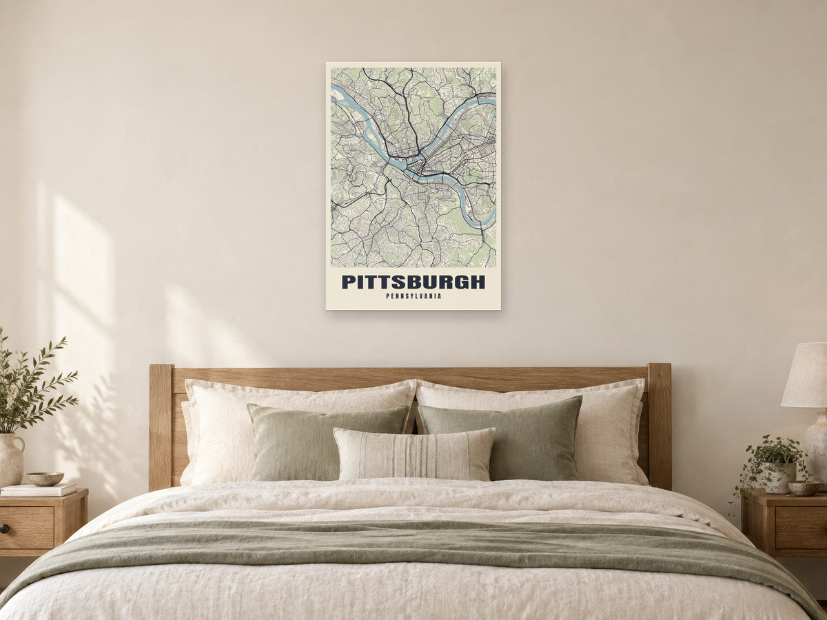 Pittsburgh Street Map Poster at A1, as a poster, above a bed