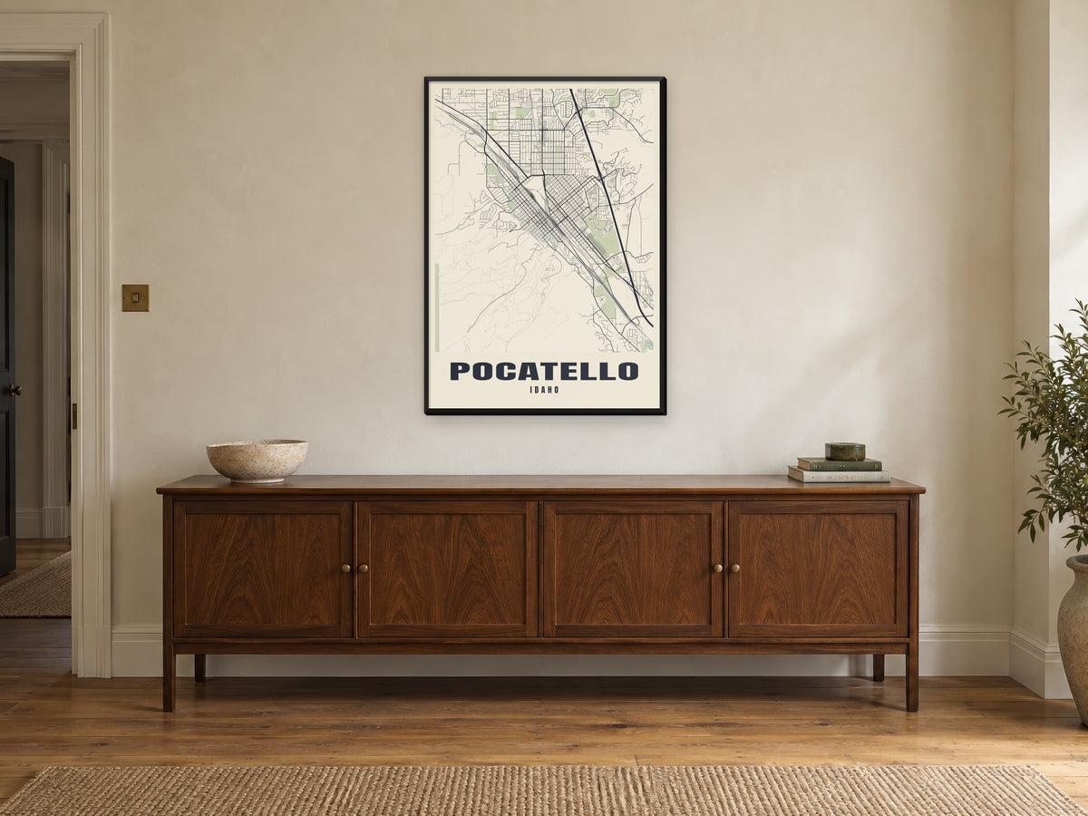 Pocatello Street Map Poster at A1, in a black frame, above a sideboard