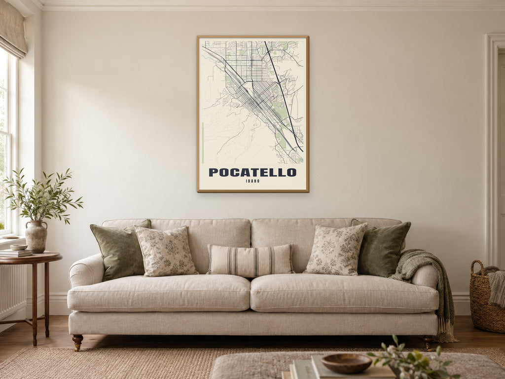 Pocatello Street Map Poster at A1, in a natural wood frame, in a sitting room