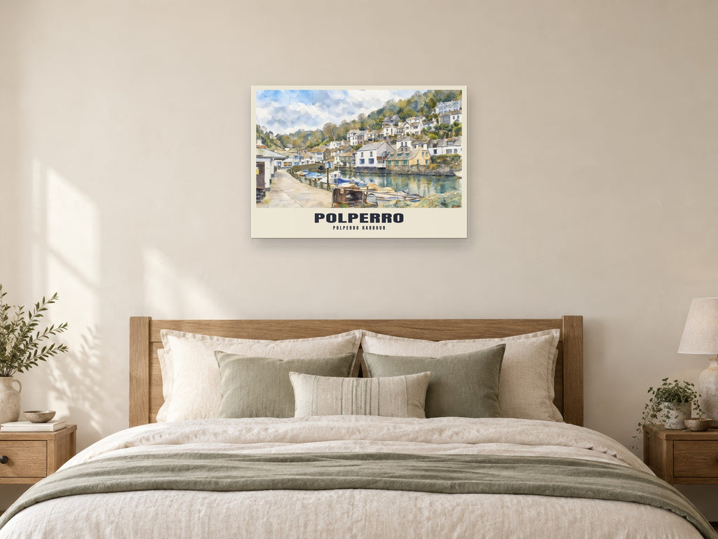 Polperro Harbour Poster at A1, as a poster, above a bed